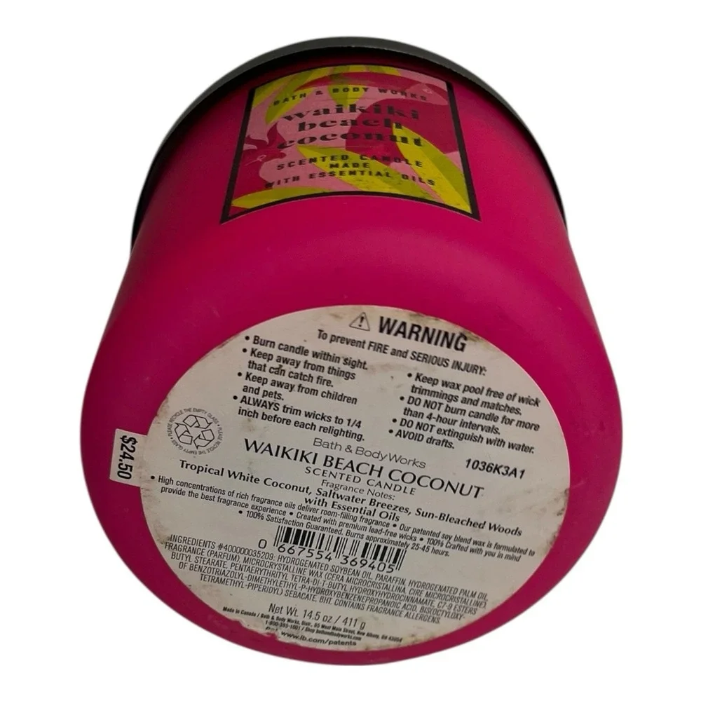 Bath & Body Works Waikiki Beach Coconut 3 Wick Scented Candle  14.5 oz w/ lid